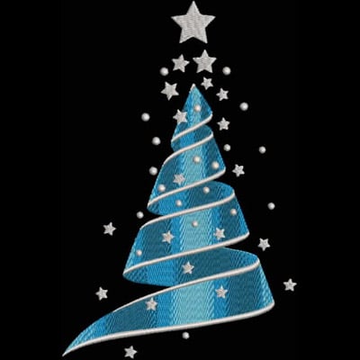 An embroidery design of a stylized blue Christmas tree adorned with stars and small decorative spheres.