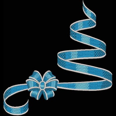 An embroidery design of a flowing ribbon in shades of blue, tied in a bow at its base.