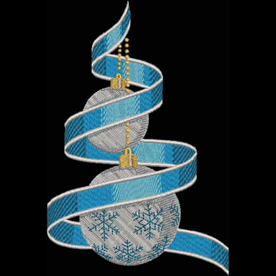 An embroidery design of two festive silver Christmas ornaments adorned with snowflakes, elegantly draped with a spiraling blue ribbon.