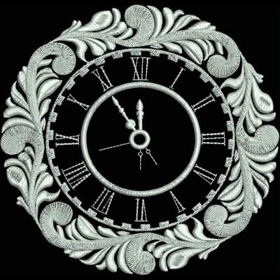 An embroidery design of an ornate clock face featuring Roman numerals and decorative flourishes.