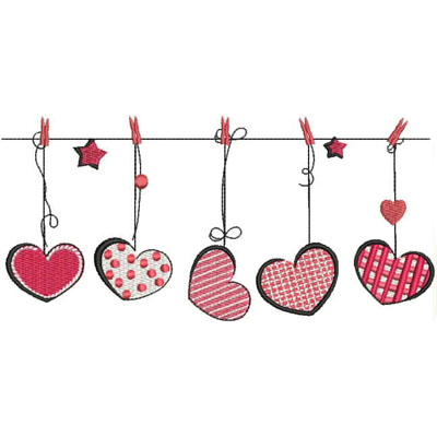 An embroidery design of six hanging hearts in various patterns and shades of red, accented with decorative stars.