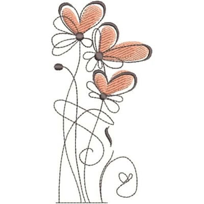 An embroidery design of three delicate flowers with symmetrical petals, outlined in a soft brown and adorned with winding stems.