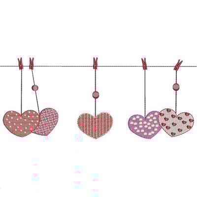 An embroidery design of colorful hanging hearts in various patterns, crafted in shades of pink and red.