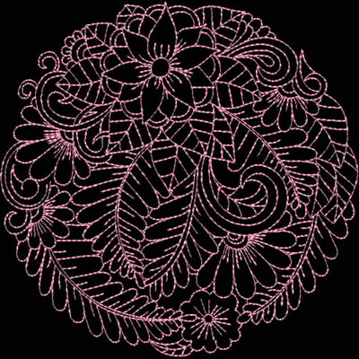 An embroidery design of intricate floral patterns featuring various flowers and leaves arranged in a circular motif.