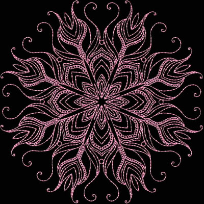 An embroidery design of an intricate, symmetrical floral pattern featuring swirling and elongated shapes in a pink hue.