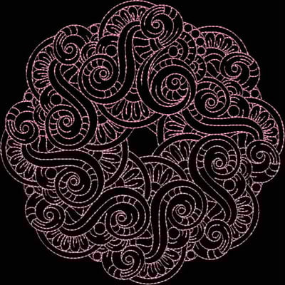 An embroidery design of an intricate, swirling floral pattern with elegant lines and loops creating a circular shape.
