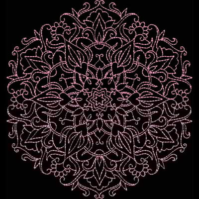 An embroidery design of an intricate circular pattern featuring floral elements and symmetrical details in a delicate pink thread.