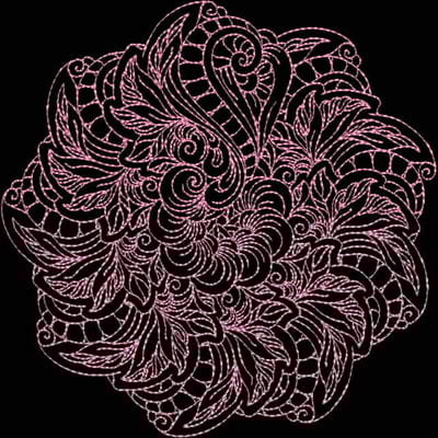 An embroidery design of an intricate floral pattern featuring swirls and leaves in a delicate pink outline.