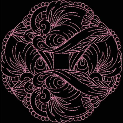 An embroidery design of intricate swirling patterns and graceful curves forming a symmetrical floral motif.