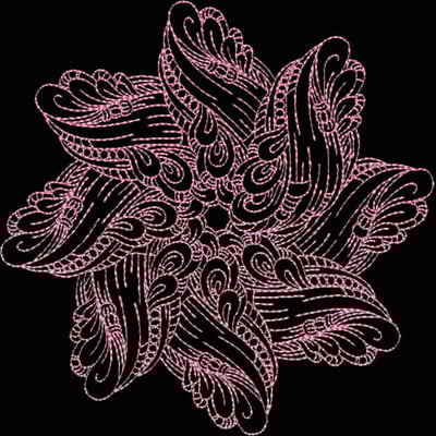 An embroidery design of an intricate star shape featuring flowing, swirling patterns in a pink outline.