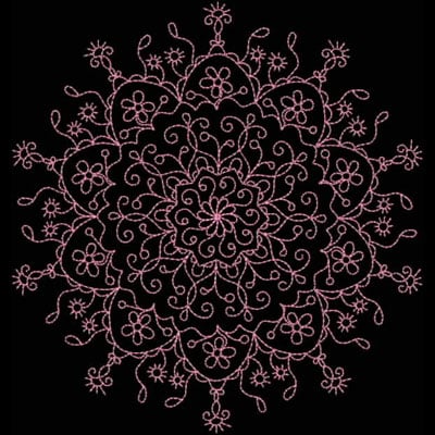 An embroidery design of a symmetrical floral mandala featuring intricate swirls and delicate blossoms in shades of pink.