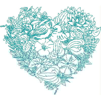 An embroidery design of a heart shape filled with intricate flowers and two birds nestled among the floral elements.