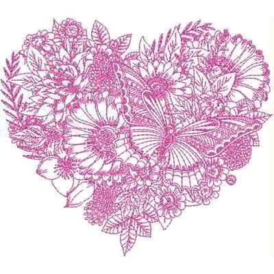 An embroidery design of a heart filled with intricate floral patterns and a butterfly, all rendered in vibrant pink.