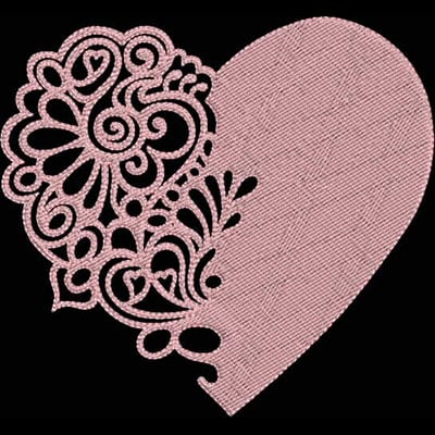 An embroidery design of a pink heart featuring intricate swirls and floral patterns on one side.