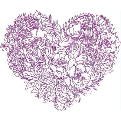 An embroidery design of a heart-shaped arrangement filled with intricate floral patterns and leaves.