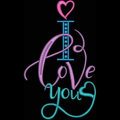 An embroidery design of the phrase "I Love You" with colorful and playful lettering, accented by a heart.