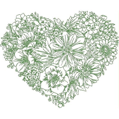 An embroidery design of a heart-shaped arrangement featuring a variety of flowers intricately outlined in green.