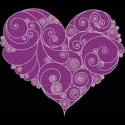An embroidery design of a purple heart filled with intricate swirling patterns.
