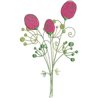 An embroidery design of three pink floral buds surrounded by whimsical green stems and leaves.