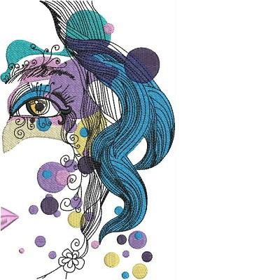 An embroidery design of a stylized face with vibrant colors, flowing hair, and whimsical floral and circular elements.