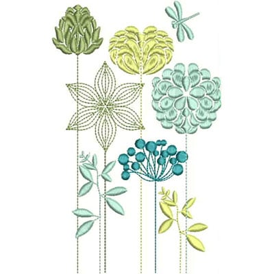 An embroidery design of stylized flowers and leaves in pastel greens and blues, featuring various floral shapes and a dragonfly.