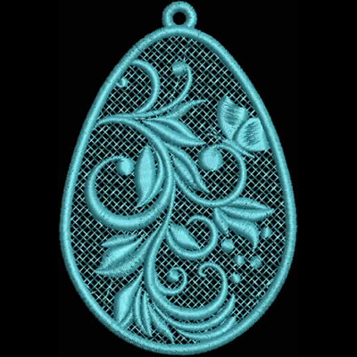 An embroidery design of an intricate, lace-like teardrop shape featuring flowing vines, leaves, and delicate flowers in a soft turquoise hue.