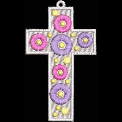 An embroidery design of a cross adorned with vibrant pink, purple, and yellow circular embellishments.