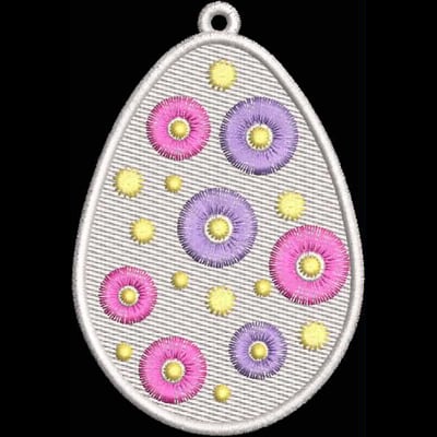 An embroidery design of an egg shape embellished with pink, purple, and yellow circular flowers arranged in a playful pattern.