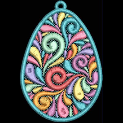 An embroidery design of an intricate teardrop shape featuring vibrant swirling patterns in pastel colors.