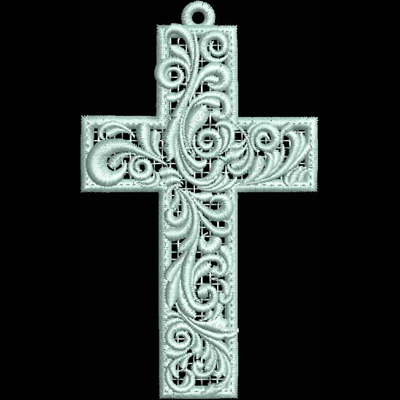 An embroidery design of an ornate cross featuring intricate scrollwork and floral motifs.