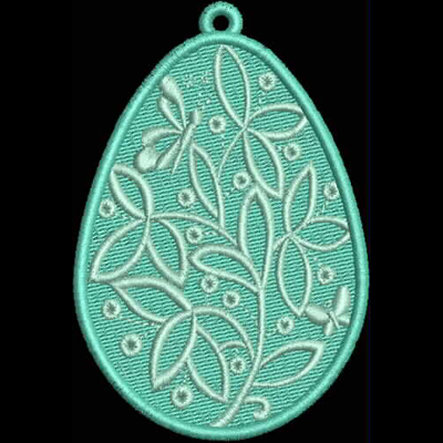 An embroidery design of a teardrop shape featuring intricate patterns of leaves and small flowers in a light turquoise color.