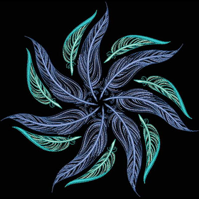 An embroidery design of swirling leaves in shades of blue and teal, forming a dynamic spiral pattern.