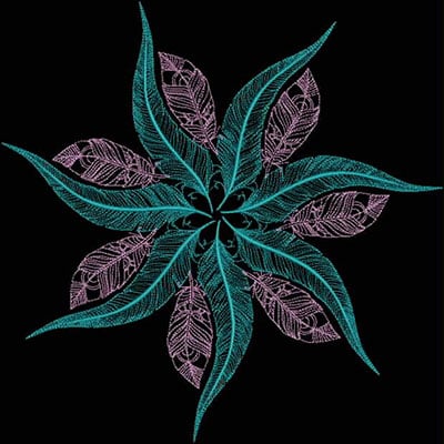An embroidery design of a symmetrical flower with vibrant teal leaves and delicate pink outlines, radiating outward in a star-like formation.