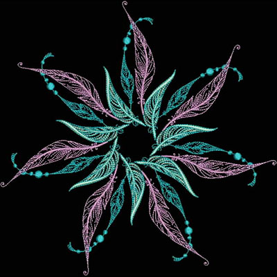 An embroidery design of a circular pattern featuring delicate pink and teal leaves interspersed with small beads.