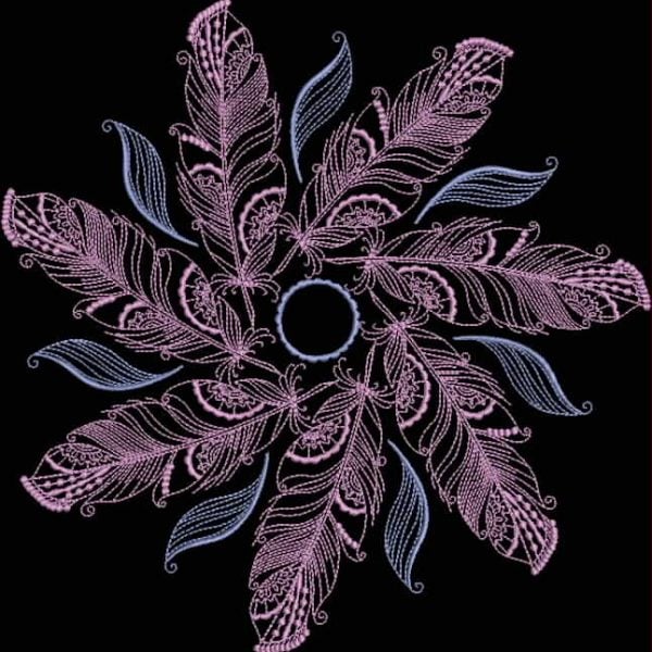 An embroidery design of a circular arrangement of intricately detailed feathers in shades of pink and blue, centered around a small circle.