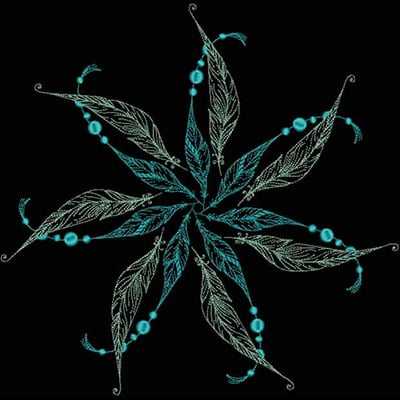 An embroidery design of a symmetrical star-shaped arrangement featuring intricate leaves and decorative beads in shades of blue and teal.