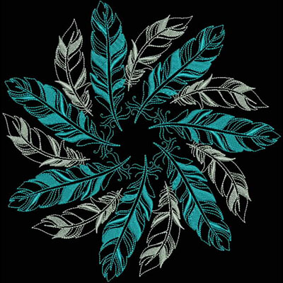 An embroidery design of a circular arrangement of intricately detailed feathers in shades of teal and gray.