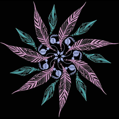 An embroidery design of a circular arrangement of pink and teal leaves intertwined with delicate blue beads, creating a harmonious floral pattern.