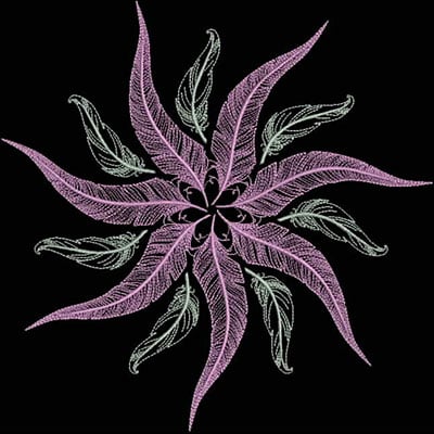 An embroidery design of a circular pattern featuring alternating lavender petal-like shapes and delicate green leaves radiating outward.