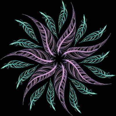 An embroidery design of a symmetrical floral starburst featuring elongated leaves in shades of purple and teal.