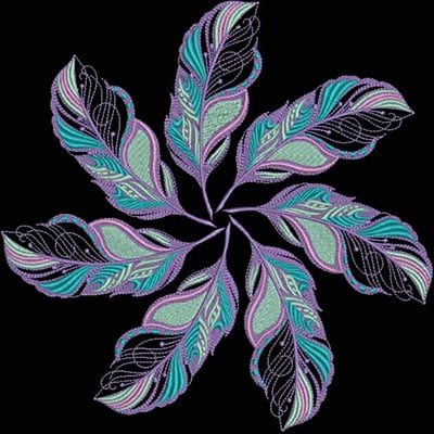 An embroidery design of stylized leaves in vibrant shades of purple, turquoise, and green arranged in a swirling pattern.