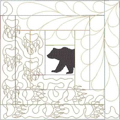 ITWBearBlockEight200x300 An embroidery design of a stylized bear silhouette surrounded by flowing, abstract shapes and lines.