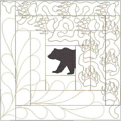 ITWBearBlockFive200x300 An embroidery design of a silhouette of a bear surrounded by decorative, flowing patterns.