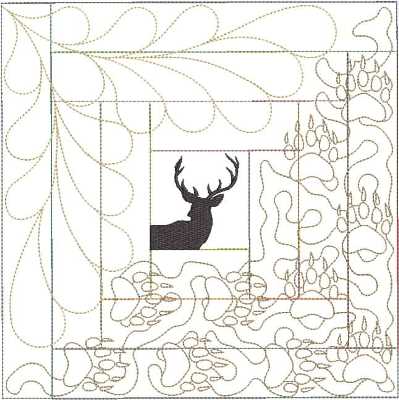 ITWDeerBlockNine200x300 An embroidery design of a majestic deer silhouette framed by intricate, flowing patterns.