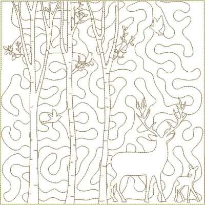 ITWDeerSceneOne An embroidery design of a majestic stag and a fawn standing among tall, slender trees with gentle, flowing lines.