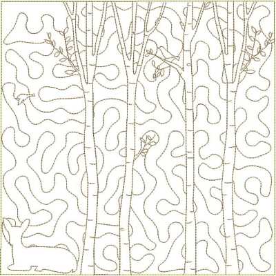 ITWDeerSceneTwo200x300 An embroidery design of whimsical trees with delicate branches and a silhouette of a rabbit at their base, set against flowing, abstract patterns.