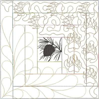 ITWPineConeBlockTen200x300 An embroidery design of a central pine cone surrounded by intricate, flowing patterns and lines.