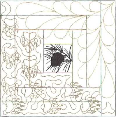 ITWPineConeBlockThree200x300 An embroidery design of a stylized botanical motif featuring intricate outlines and a central element reminiscent of a seed or nut surrounded by flowing shapes.
