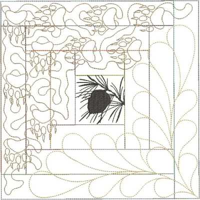 ITWPineConeBlockTwo200x300 An embroidery design of a pine cone surrounded by flowing floral patterns and organic shapes.