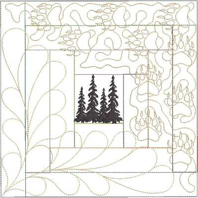 ITWPineTreeBlockOne200x300 An embroidery design of stylized evergreen trees framed by decorative swirls and linear patterns.